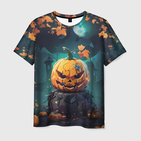 Мужская футболка 3D с принтом Хэллоуинская тыква под луной в Кировске, 100% полиэфир | прямой крой, круглый вырез горловины, длина до линии бедер | 
