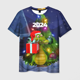 Мужская футболка 3D с принтом Дракон с подарком у елки , 100% полиэфир | прямой крой, круглый вырез горловины, длина до линии бедер | 