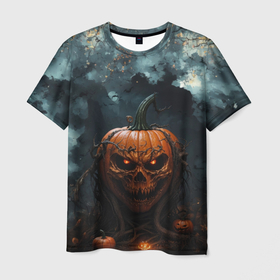 Мужская футболка 3D с принтом Весёлая хэллоуинская тыква в Кировске, 100% полиэфир | прямой крой, круглый вырез горловины, длина до линии бедер | Тематика изображения на принте: 
