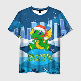 Мужская футболка 3D с принтом Новогодний  дракончик 2024 в Екатеринбурге, 100% полиэфир | прямой крой, круглый вырез горловины, длина до линии бедер | 