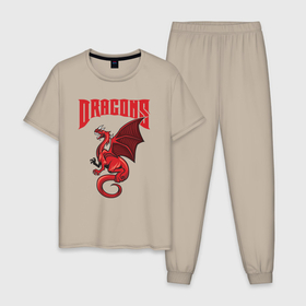 Мужская пижама хлопок с принтом Red dragons в Кировске, 100% хлопок | брюки и футболка прямого кроя, без карманов, на брюках мягкая резинка на поясе и по низу штанин
 | 