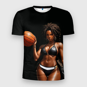 Мужская футболка 3D Slim с принтом Девушка с баскетбольным мячом , 100% полиэстер с улучшенными характеристиками | приталенный силуэт, круглая горловина, широкие плечи, сужается к линии бедра | 