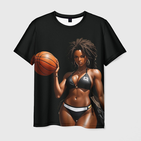 Мужская футболка 3D с принтом Девушка с баскетбольным мячом в Екатеринбурге, 100% полиэфир | прямой крой, круглый вырез горловины, длина до линии бедер | 