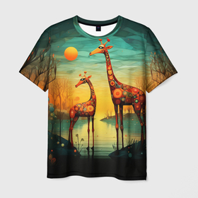 Мужская футболка 3D с принтом Жирафы в стиле фолк арт в Тюмени, 100% полиэфир | прямой крой, круглый вырез горловины, длина до линии бедер | 