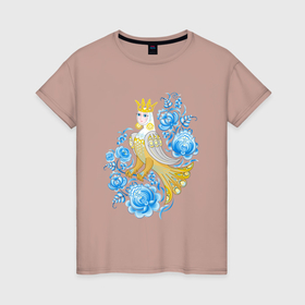 Женская футболка хлопок с принтом Птица Сирин в цветах по мотивам гжельской росписи в Петрозаводске, 100% хлопок | прямой крой, круглый вырез горловины, длина до линии бедер, слегка спущенное плечо | 