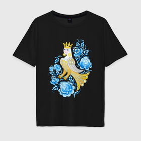 Мужская футболка хлопок Oversize с принтом Птица Сирин среди цветов по мотивам русского орнамента в Тюмени, 100% хлопок | свободный крой, круглый ворот, “спинка” длиннее передней части | 
