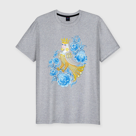 Мужская футболка хлопок Slim с принтом Птица Сирин среди цветов по мотивам русского орнамента в Новосибирске, 92% хлопок, 8% лайкра | приталенный силуэт, круглый вырез ворота, длина до линии бедра, короткий рукав | 