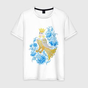 Мужская футболка хлопок с принтом Птица Сирин среди цветов по мотивам русского орнамента в Екатеринбурге, 100% хлопок | прямой крой, круглый вырез горловины, длина до линии бедер, слегка спущенное плечо. | 