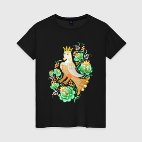 Женская футболка хлопок с принтом Птица Сирин среди русского орнамента в Санкт-Петербурге, 100% хлопок | прямой крой, круглый вырез горловины, длина до линии бедер, слегка спущенное плечо | 