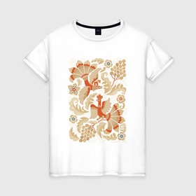 Женская футболка хлопок с принтом Птицы в райском саду: русский орнамент в Белгороде, 100% хлопок | прямой крой, круглый вырез горловины, длина до линии бедер, слегка спущенное плечо | 