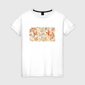 Женская футболка хлопок с принтом Птицы в райском саду: орнамент в русском стиле в Петрозаводске, 100% хлопок | прямой крой, круглый вырез горловины, длина до линии бедер, слегка спущенное плечо | 
