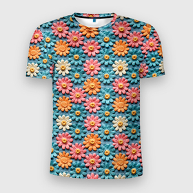 Мужская футболка 3D Slim с принтом Вязаные цветочки паттерн в Новосибирске, 100% полиэстер с улучшенными характеристиками | приталенный силуэт, круглая горловина, широкие плечи, сужается к линии бедра | 