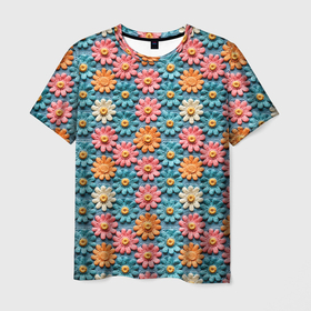 Мужская футболка 3D с принтом Вязаные цветочки паттерн в Кировске, 100% полиэфир | прямой крой, круглый вырез горловины, длина до линии бедер | 