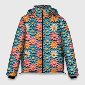 Мужская зимняя куртка 3D с принтом Вязаные цветочки паттерн в Новосибирске, верх — 100% полиэстер; подкладка — 100% полиэстер; утеплитель — 100% полиэстер | длина ниже бедра, свободный силуэт Оверсайз. Есть воротник-стойка, отстегивающийся капюшон и ветрозащитная планка. 

Боковые карманы с листочкой на кнопках и внутренний карман на молнии. | 