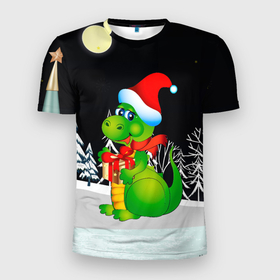 Мужская футболка 3D Slim с принтом Дракон в новогоднюю ночь в Новосибирске, 100% полиэстер с улучшенными характеристиками | приталенный силуэт, круглая горловина, широкие плечи, сужается к линии бедра | Тематика изображения на принте: 
