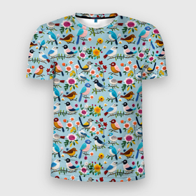 Мужская футболка 3D Slim с принтом Вязаные птички паттерн в Тюмени, 100% полиэстер с улучшенными характеристиками | приталенный силуэт, круглая горловина, широкие плечи, сужается к линии бедра | 