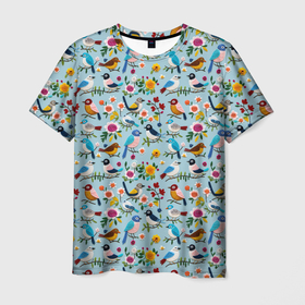 Мужская футболка 3D с принтом Вязаные птички паттерн в Кировске, 100% полиэфир | прямой крой, круглый вырез горловины, длина до линии бедер | 