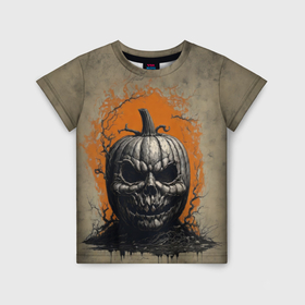 Детская футболка 3D с принтом Мрачная хэллоуинская тыква в Санкт-Петербурге, 100% гипоаллергенный полиэфир | прямой крой, круглый вырез горловины, длина до линии бедер, чуть спущенное плечо, ткань немного тянется | 