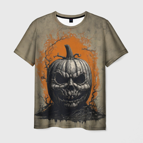 Мужская футболка 3D с принтом Мрачная хэллоуинская тыква в Санкт-Петербурге, 100% полиэфир | прямой крой, круглый вырез горловины, длина до линии бедер | 