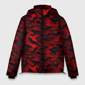Мужская зимняя куртка 3D с принтом Летучие мыши в красную ночь в Белгороде, верх — 100% полиэстер; подкладка — 100% полиэстер; утеплитель — 100% полиэстер | длина ниже бедра, свободный силуэт Оверсайз. Есть воротник-стойка, отстегивающийся капюшон и ветрозащитная планка. 

Боковые карманы с листочкой на кнопках и внутренний карман на молнии. | 