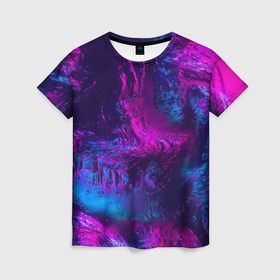 Женская футболка 3D с принтом Неоновая абстракция синий и розовый в Екатеринбурге, 100% полиэфир ( синтетическое хлопкоподобное полотно) | прямой крой, круглый вырез горловины, длина до линии бедер | 