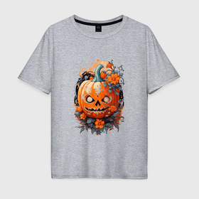 Мужская футболка хлопок Oversize с принтом Хэллоуинская тыква с цветами в Курске, 100% хлопок | свободный крой, круглый ворот, “спинка” длиннее передней части | 
