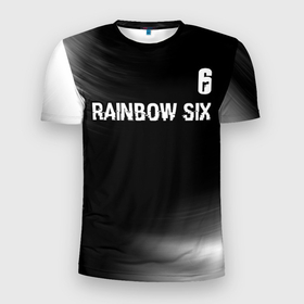 Мужская футболка 3D Slim с принтом Rainbow Six glitch на темном фоне: символ сверху в Екатеринбурге, 100% полиэстер с улучшенными характеристиками | приталенный силуэт, круглая горловина, широкие плечи, сужается к линии бедра | 