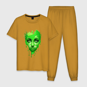Мужская пижама хлопок с принтом Green paint face в Санкт-Петербурге, 100% хлопок | брюки и футболка прямого кроя, без карманов, на брюках мягкая резинка на поясе и по низу штанин
 | 