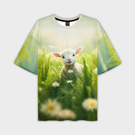 Мужская футболка oversize 3D с принтом Овечка в траве в Курске,  |  | 