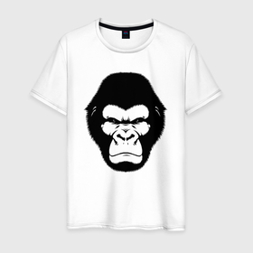 Мужская футболка хлопок с принтом Голова гориллы гравюра в Тюмени, 100% хлопок | прямой крой, круглый вырез горловины, длина до линии бедер, слегка спущенное плечо. | 