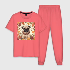 Мужская пижама хлопок с принтом Мопс в шарфе осенью , 100% хлопок | брюки и футболка прямого кроя, без карманов, на брюках мягкая резинка на поясе и по низу штанин
 | Тематика изображения на принте: 