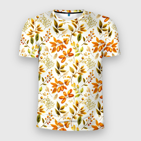 Мужская футболка 3D Slim с принтом Осенние листья и желуди , 100% полиэстер с улучшенными характеристиками | приталенный силуэт, круглая горловина, широкие плечи, сужается к линии бедра | Тематика изображения на принте: 