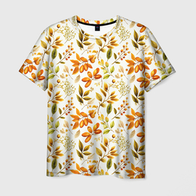 Мужская футболка 3D с принтом Осенние листья и желуди , 100% полиэфир | прямой крой, круглый вырез горловины, длина до линии бедер | Тематика изображения на принте: 