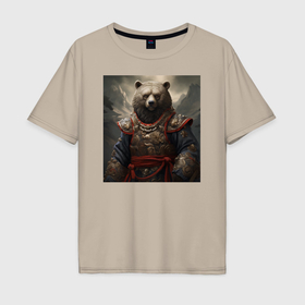 Мужская футболка хлопок Oversize с принтом Медведь самурай в Белгороде, 100% хлопок | свободный крой, круглый ворот, “спинка” длиннее передней части | 