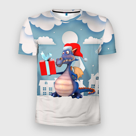 Мужская футболка 3D Slim с принтом Нелепый дракон с подарком новый год в Екатеринбурге, 100% полиэстер с улучшенными характеристиками | приталенный силуэт, круглая горловина, широкие плечи, сужается к линии бедра | 