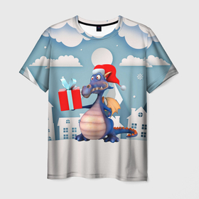 Мужская футболка 3D с принтом Нелепый дракон с подарком новый год в Екатеринбурге, 100% полиэфир | прямой крой, круглый вырез горловины, длина до линии бедер | 