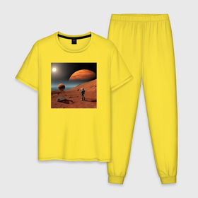 Мужская пижама хлопок с принтом Человек на марсе в Новосибирске, 100% хлопок | брюки и футболка прямого кроя, без карманов, на брюках мягкая резинка на поясе и по низу штанин
 | 