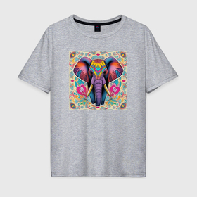 Мужская футболка хлопок Oversize с принтом Голова слона индийский стиль в Петрозаводске, 100% хлопок | свободный крой, круглый ворот, “спинка” длиннее передней части | 