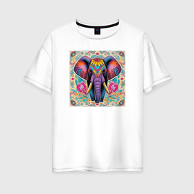 Женская футболка хлопок Oversize с принтом Голова слона индийский стиль в Санкт-Петербурге, 100% хлопок | свободный крой, круглый ворот, спущенный рукав, длина до линии бедер
 | 