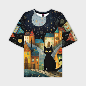 Мужская футболка oversize 3D с принтом Черный кот на фоне ночного города в стиле фолк арт в Белгороде,  |  | 
