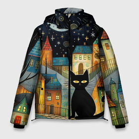 Мужская зимняя куртка 3D с принтом Черный кот на фоне ночного города в стиле фолк арт в Белгороде, верх — 100% полиэстер; подкладка — 100% полиэстер; утеплитель — 100% полиэстер | длина ниже бедра, свободный силуэт Оверсайз. Есть воротник-стойка, отстегивающийся капюшон и ветрозащитная планка. 

Боковые карманы с листочкой на кнопках и внутренний карман на молнии. | 
