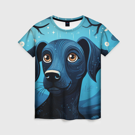 Женская футболка 3D с принтом Собака в стиле фолк арт в Екатеринбурге, 100% полиэфир ( синтетическое хлопкоподобное полотно) | прямой крой, круглый вырез горловины, длина до линии бедер | 