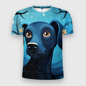 Мужская футболка 3D Slim с принтом Собака в стиле фолк арт в Кировске, 100% полиэстер с улучшенными характеристиками | приталенный силуэт, круглая горловина, широкие плечи, сужается к линии бедра | 