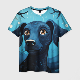 Мужская футболка 3D с принтом Собака в стиле фолк арт в Белгороде, 100% полиэфир | прямой крой, круглый вырез горловины, длина до линии бедер | 