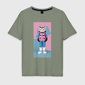 Мужская футболка хлопок Oversize с принтом Котик готовится к космосу в Санкт-Петербурге, 100% хлопок | свободный крой, круглый ворот, “спинка” длиннее передней части | 