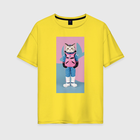 Женская футболка хлопок Oversize с принтом Котик готовится к космосу в Тюмени, 100% хлопок | свободный крой, круглый ворот, спущенный рукав, длина до линии бедер
 | 