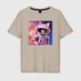 Мужская футболка хлопок Oversize с принтом Котик в скафандре космонавта в Тюмени, 100% хлопок | свободный крой, круглый ворот, “спинка” длиннее передней части | 