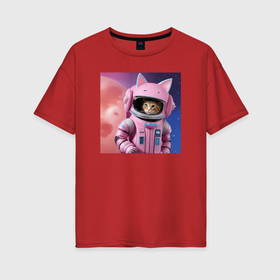 Женская футболка хлопок Oversize с принтом Котик в скафандре космонавта в Курске, 100% хлопок | свободный крой, круглый ворот, спущенный рукав, длина до линии бедер
 | 