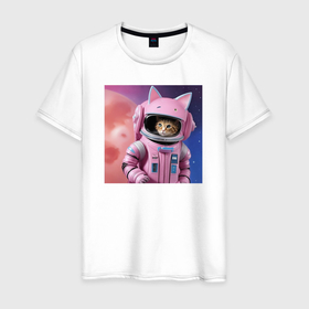 Мужская футболка хлопок с принтом Котик в скафандре космонавта , 100% хлопок | прямой крой, круглый вырез горловины, длина до линии бедер, слегка спущенное плечо. | 