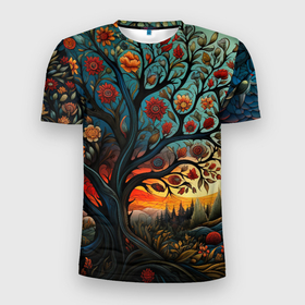 Мужская футболка 3D Slim с принтом Цветущее дерево в стиле фолк арт в Белгороде, 100% полиэстер с улучшенными характеристиками | приталенный силуэт, круглая горловина, широкие плечи, сужается к линии бедра | 